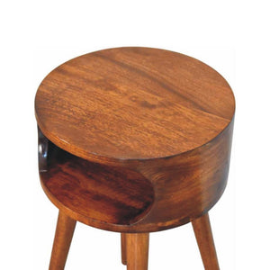 Round Chestnut Bedside Table | Solid Mango Wood | Open Shelf | Curved Nightstand