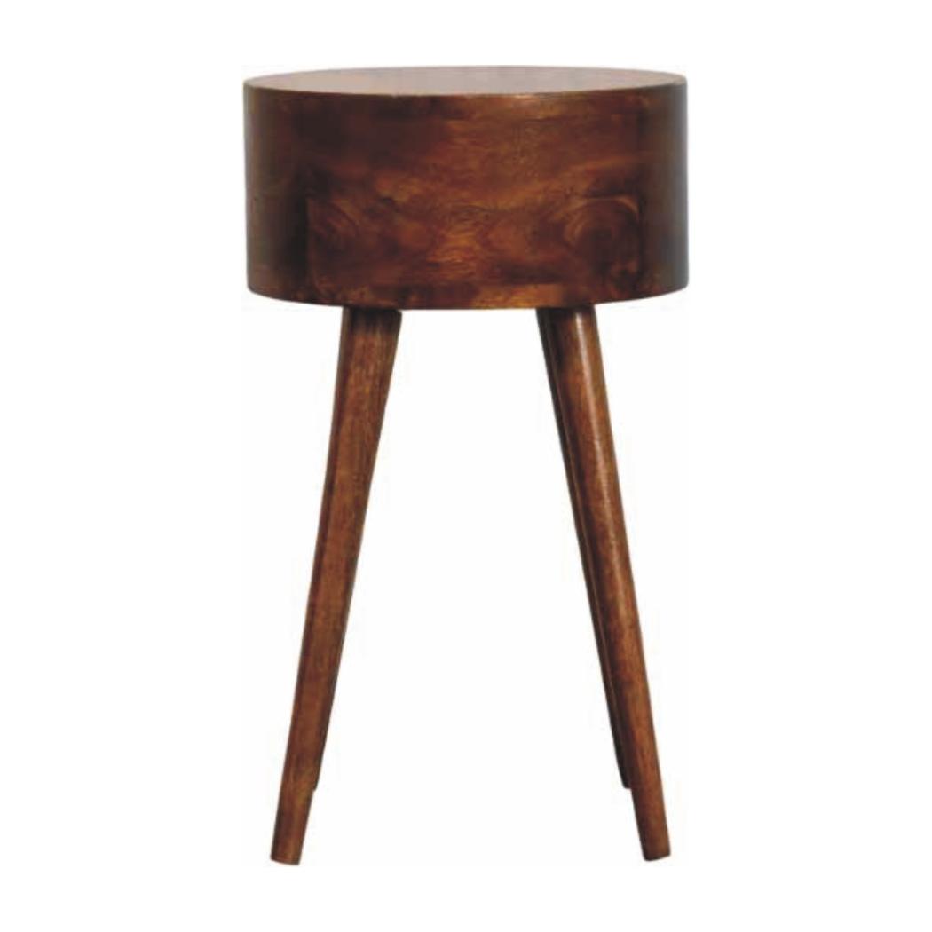 Round Chestnut Bedside Table | Solid Mango Wood | Open Shelf | Curved Nightstand