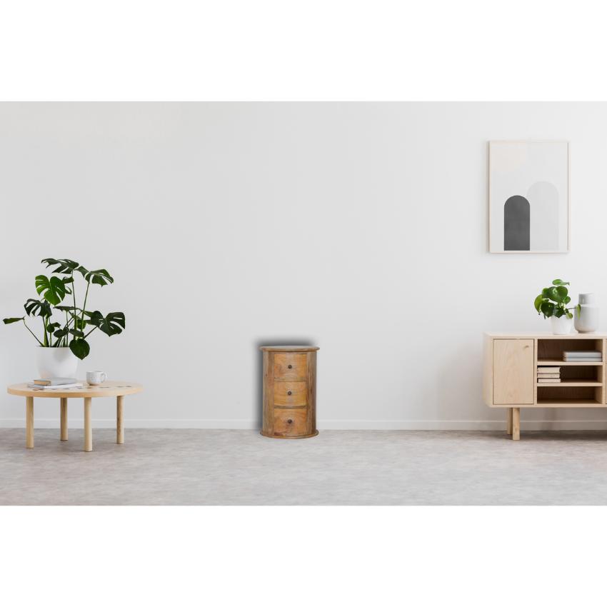 Round Drum Bedside Table | Solid Mango Wood | Oak Finish | 3 Drawer Nightstand