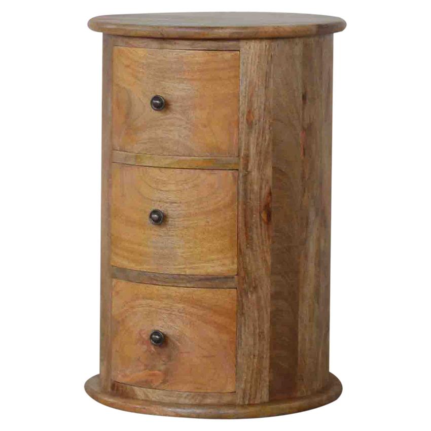 Round Drum Bedside Table | Solid Mango Wood | Oak Finish | 3 Drawer Nightstand