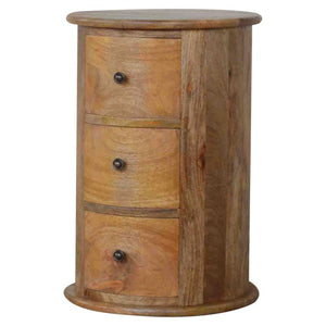 Round Drum Bedside Table | Solid Mango Wood | Oak Finish | 3 Drawer Nightstand
