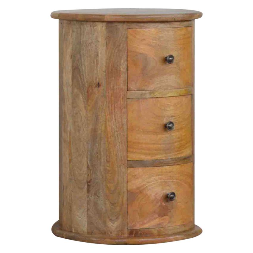 Round Drum Bedside Table | Solid Mango Wood | Oak Finish | 3 Drawer Nightstand