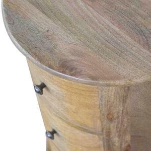 Round Drum Bedside Table | Solid Mango Wood | Oak Finish | 3 Drawer Nightstand