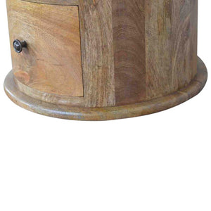 Round Drum Bedside Table | Solid Mango Wood | Oak Finish | 3 Drawer Nightstand