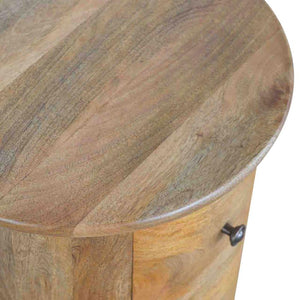 Round Drum Bedside Table | Solid Mango Wood | Oak Finish | 3 Drawer Nightstand