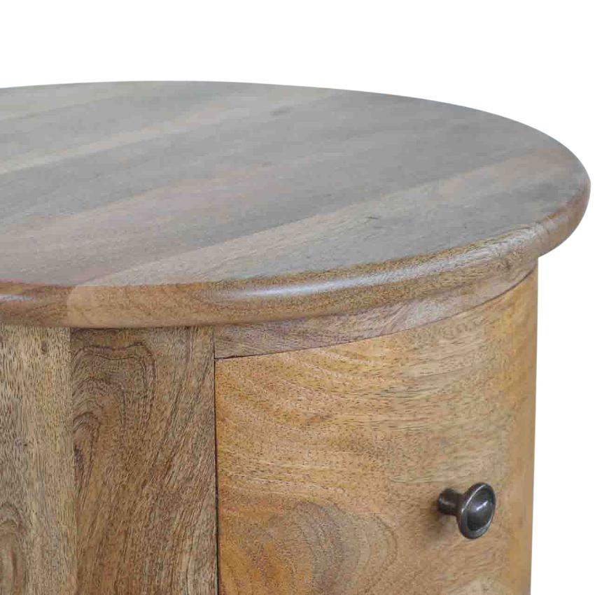 Round Drum Bedside Table | Solid Mango Wood | Oak Finish | 3 Drawer Nightstand