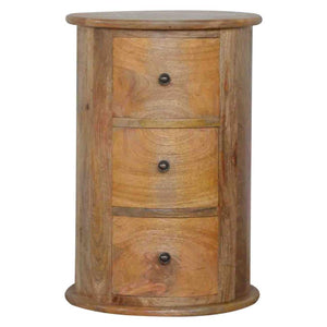 Round Drum Bedside Table | Solid Mango Wood | Oak Finish | 3 Drawer Nightstand