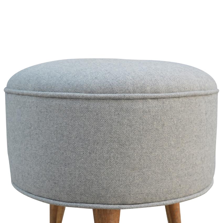 Round Grey Wool Tweed Footstool | Scandinavian Mango Wood Legs
