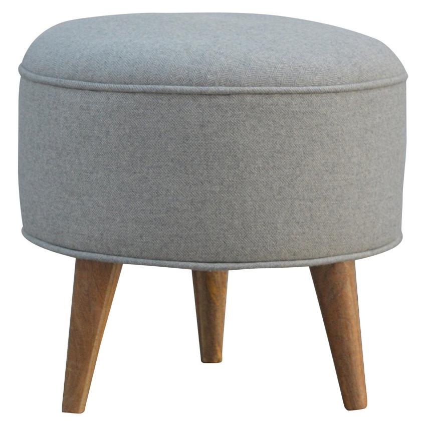 Round Grey Wool Tweed Footstool | Scandinavian Mango Wood Legs
