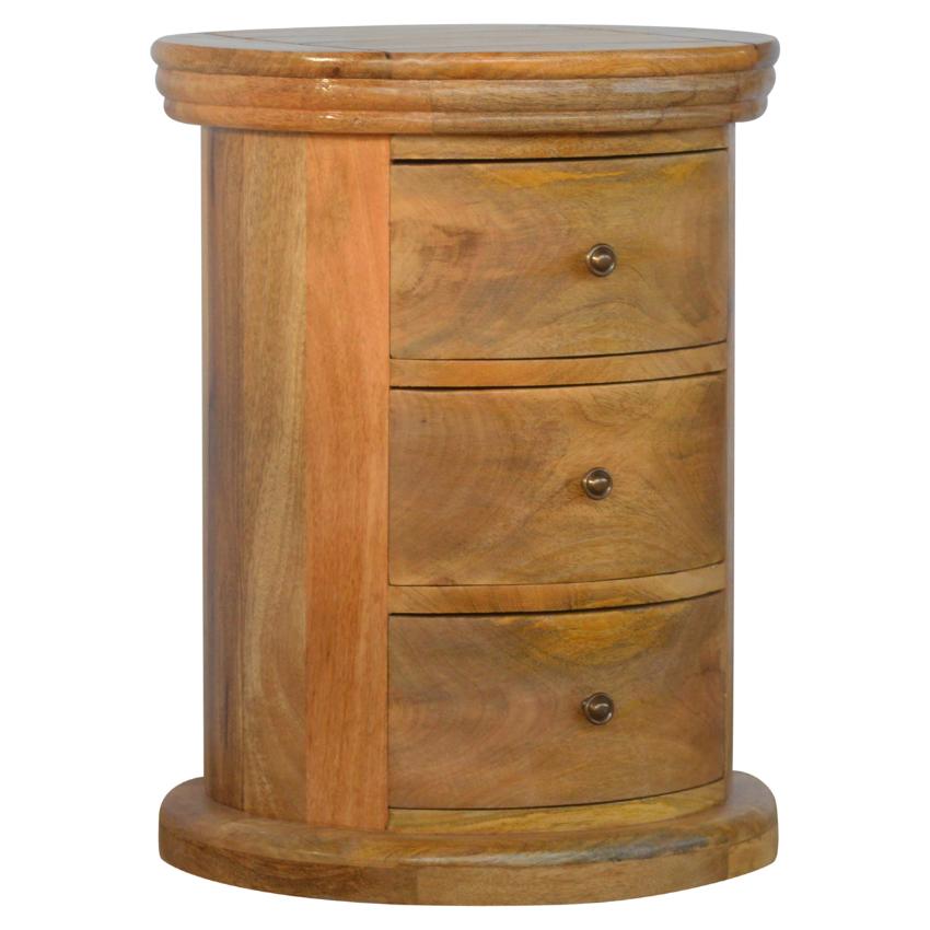 Round Mango Wood Drum Bedside Table | 3 Drawers | Oak-Style Finish