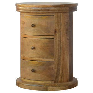 Round Mango Wood Drum Bedside Table | 3 Drawers | Oak-Style Finish