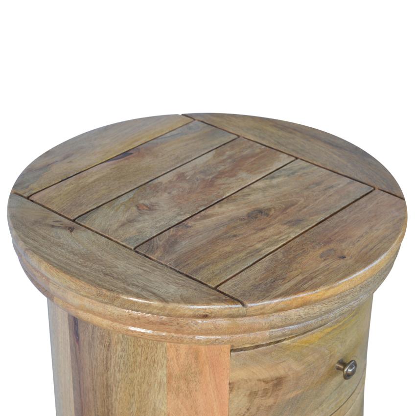 Round Mango Wood Drum Bedside Table | 3 Drawers | Oak-Style Finish