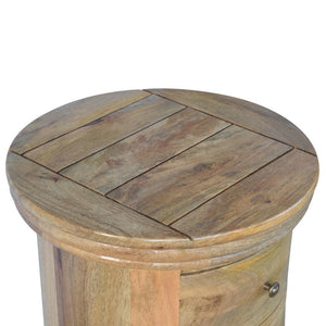 Round Mango Wood Drum Bedside Table | 3 Drawers | Oak-Style Finish