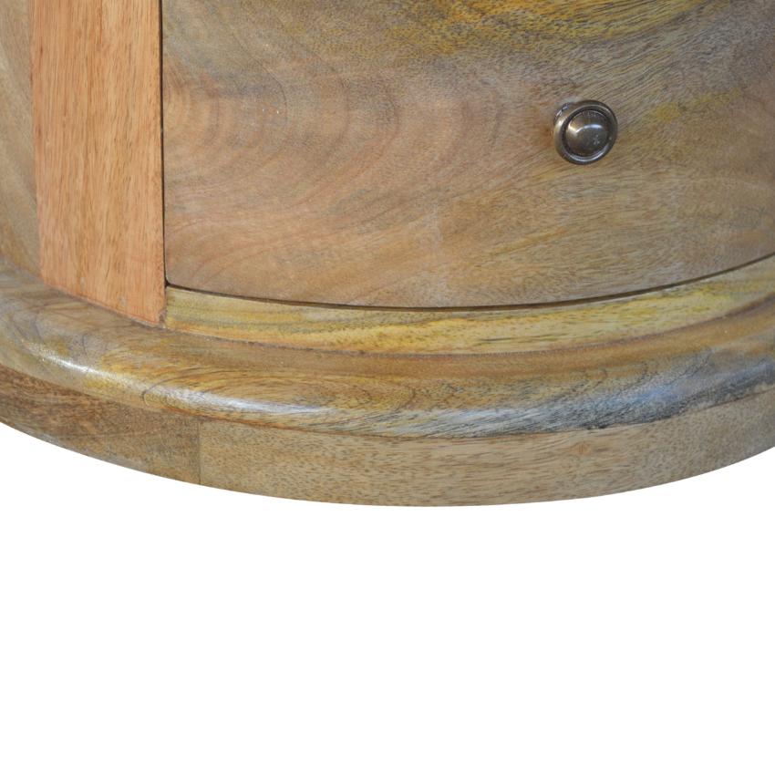 Round Mango Wood Drum Bedside Table | 3 Drawers | Oak-Style Finish