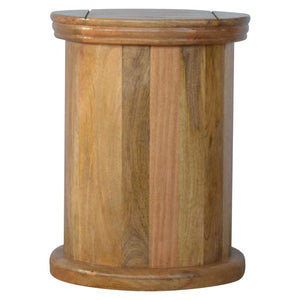 Round Mango Wood Drum Bedside Table | 3 Drawers | Oak-Style Finish