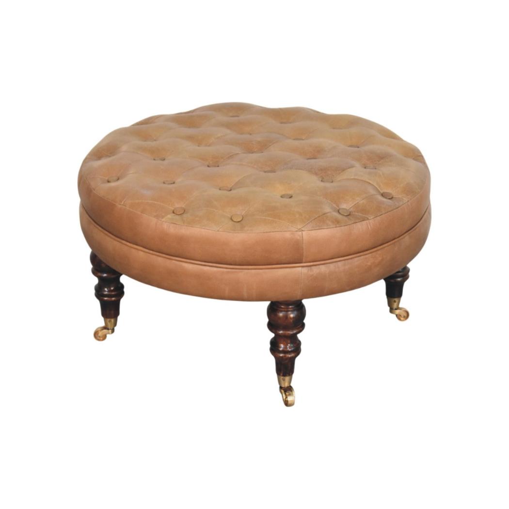 Round Ottoman | Brown Buffalo Leather | Castor Legs