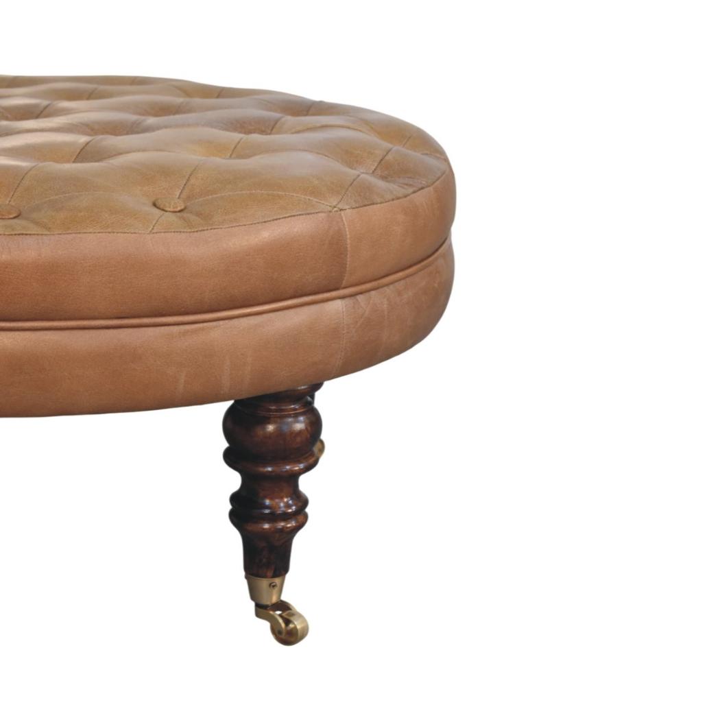 Round Ottoman | Brown Buffalo Leather | Castor Legs