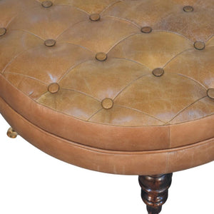 Round Ottoman | Brown Buffalo Leather | Castor Legs