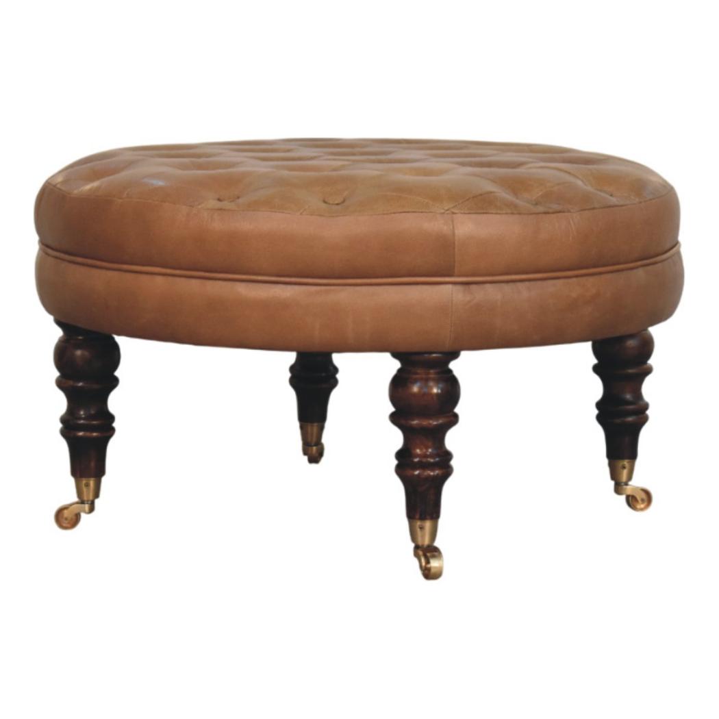 Round Ottoman | Brown Buffalo Leather | Castor Legs