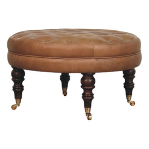 Round Ottoman | Brown Buffalo Leather | Castor Legs