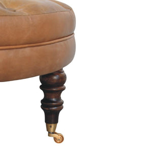 Round Ottoman | Brown Buffalo Leather | Castor Legs