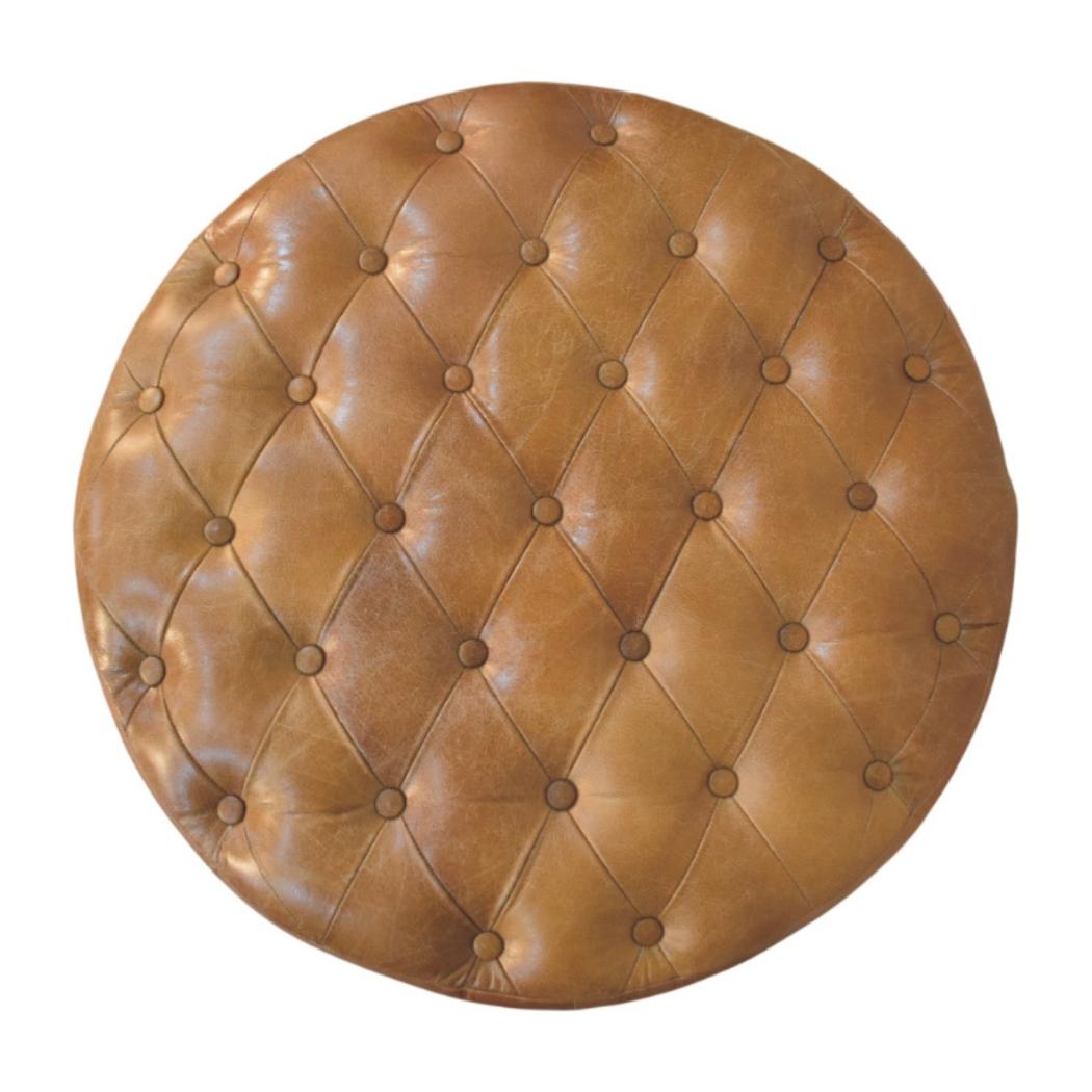 Round Ottoman | Brown Buffalo Leather | Castor Legs
