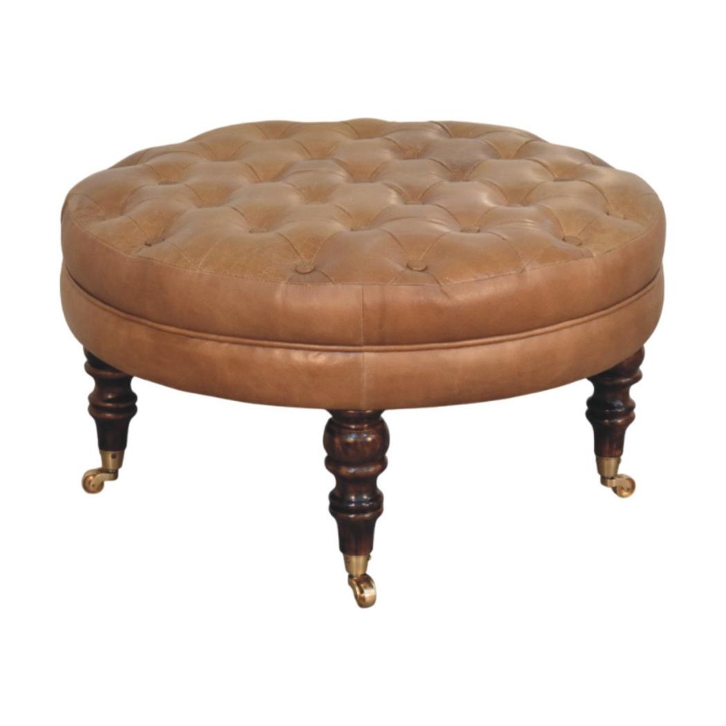 Round Ottoman | Brown Buffalo Leather | Castor Legs