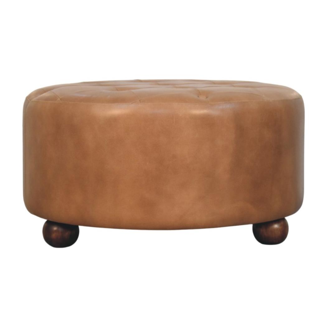 Round Storage Ottoman | Brown Buffalo Leather | Hidden Storage