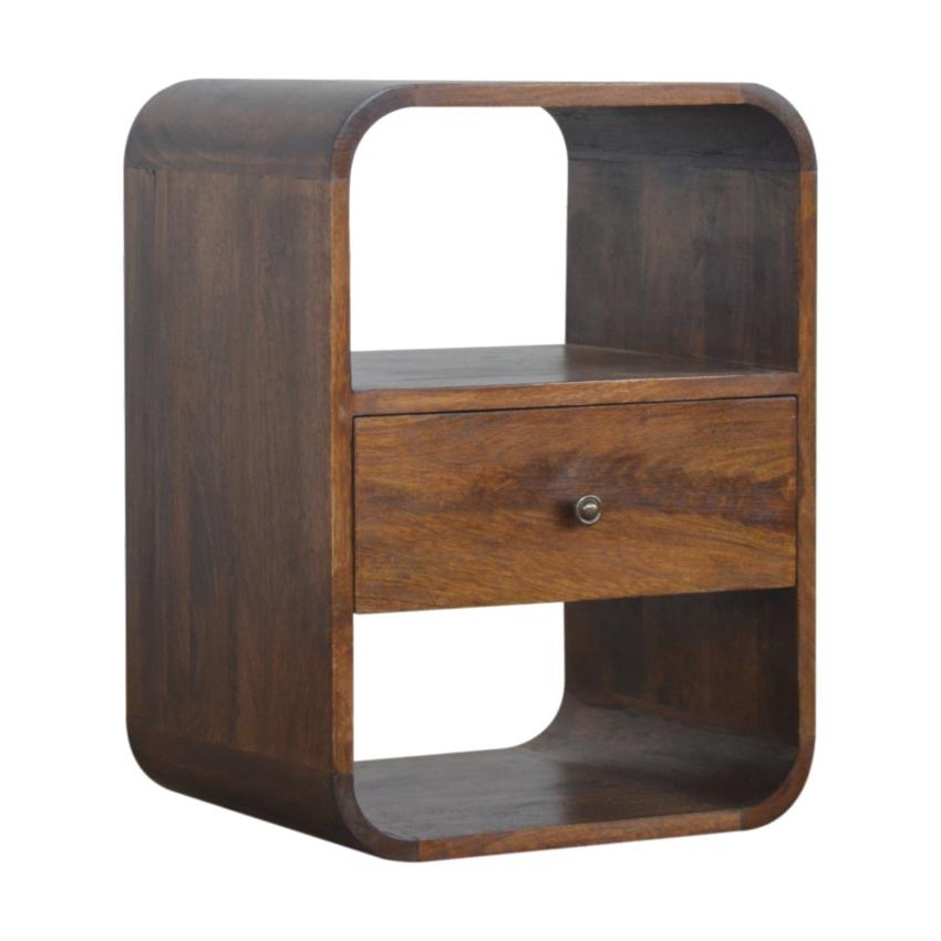 Rounded Mango Wood Bedside Table | Chestnut Finish | Drawer & Open Shelves
