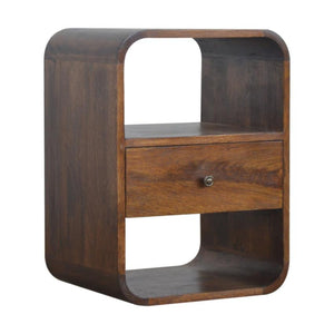 Rounded Mango Wood Bedside Table | Chestnut Finish | Drawer & Open Shelves