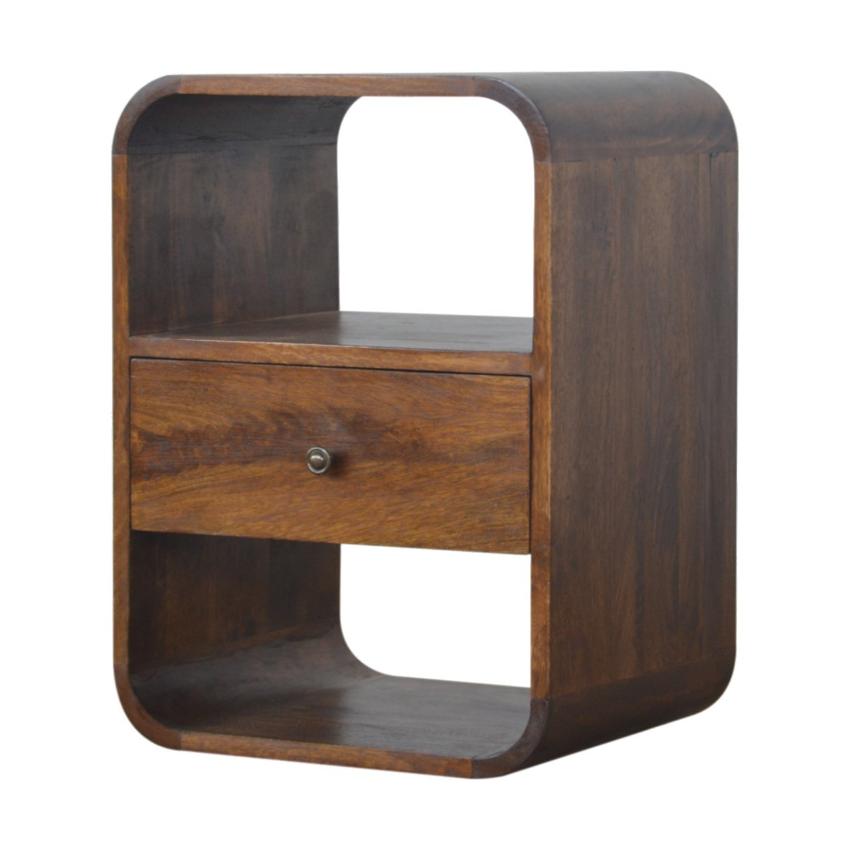 Rounded Mango Wood Bedside Table | Chestnut Finish | Drawer & Open Shelves