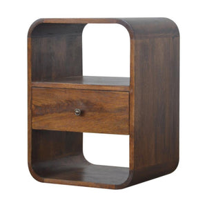 Rounded Mango Wood Bedside Table | Chestnut Finish | Drawer & Open Shelves