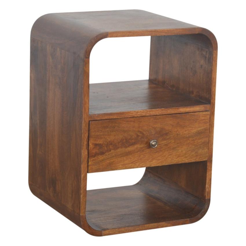 Rounded Mango Wood Bedside Table | Chestnut Finish | Drawer & Open Shelves