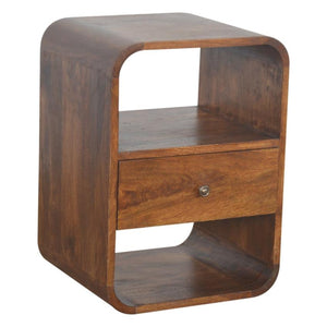 Rounded Mango Wood Bedside Table | Chestnut Finish | Drawer & Open Shelves