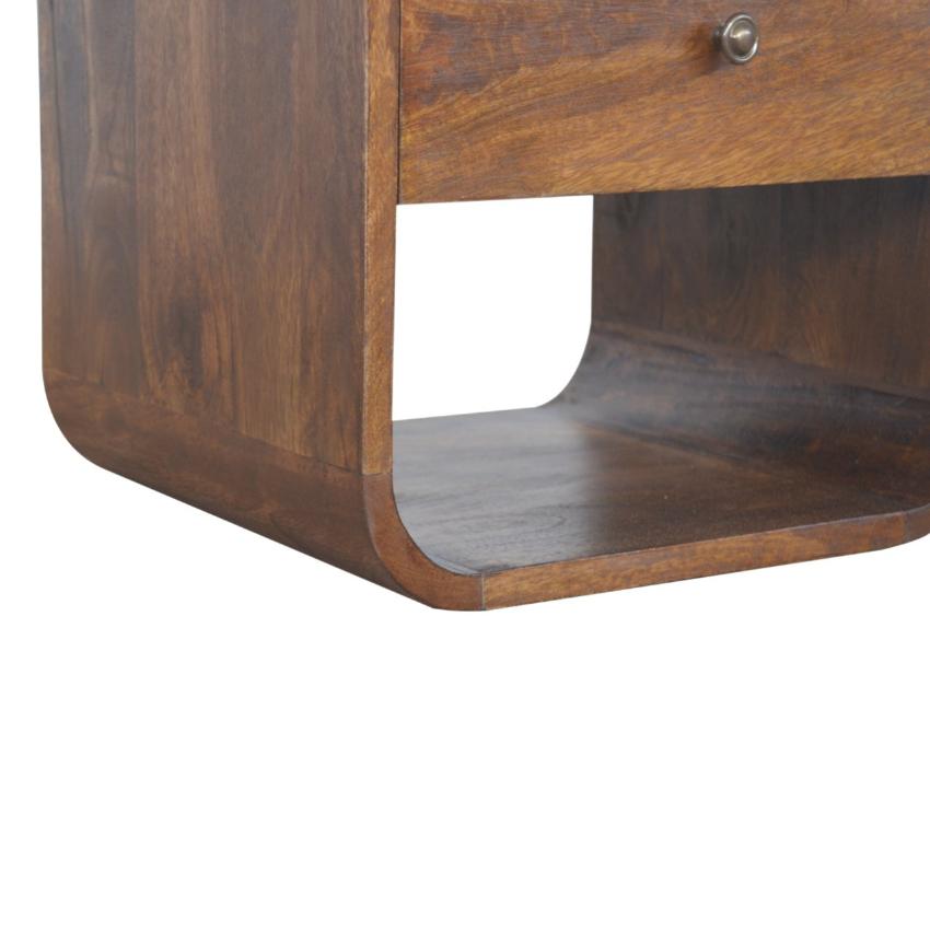 Rounded Mango Wood Bedside Table | Chestnut Finish | Drawer & Open Shelves