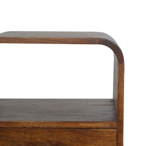 Rounded Mango Wood Bedside Table | Chestnut Finish | Drawer & Open Shelves