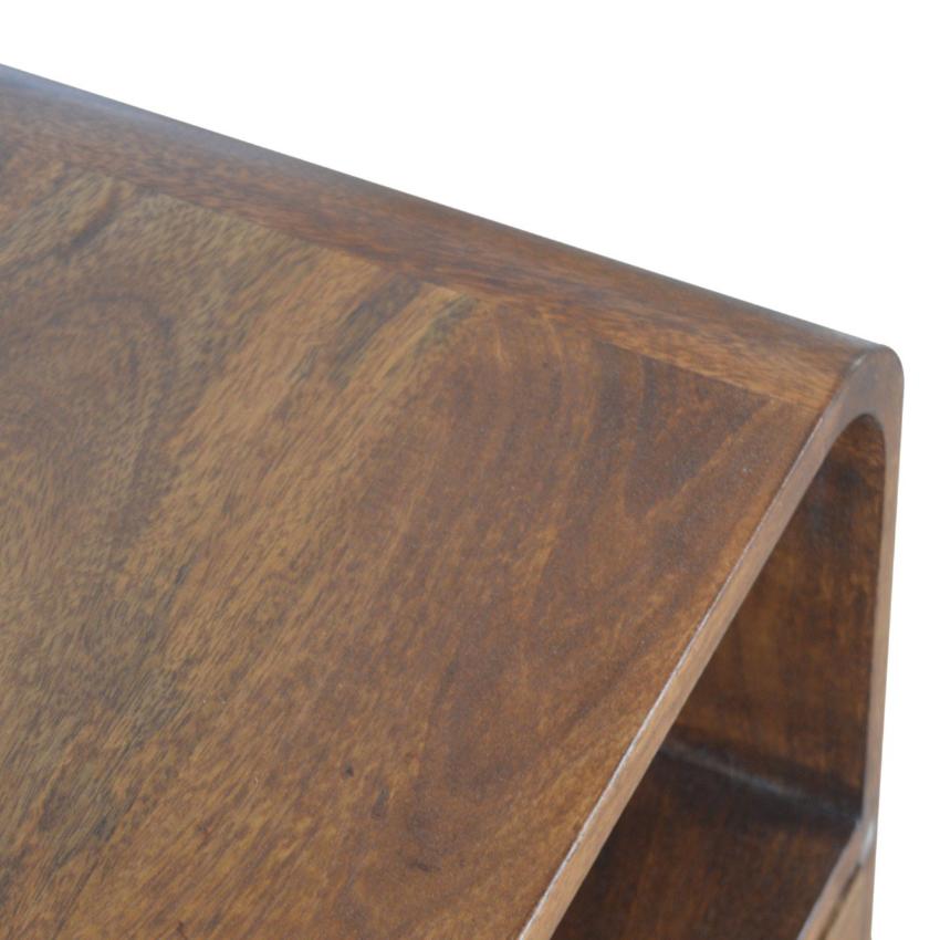 Rounded Mango Wood Bedside Table | Chestnut Finish | Drawer & Open Shelves