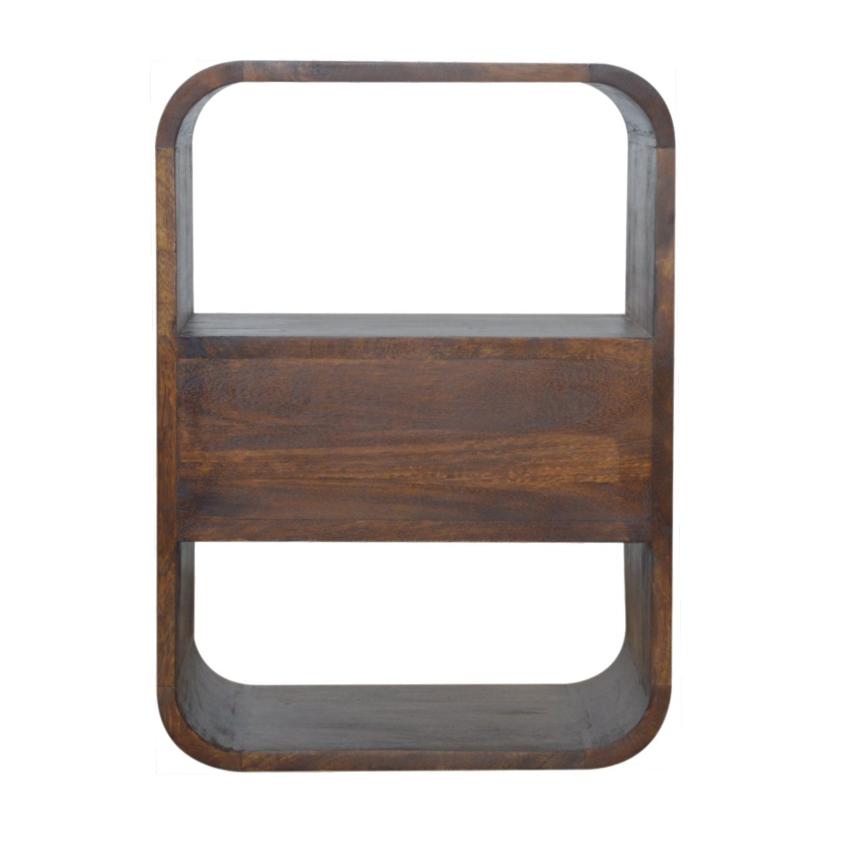 Rounded Mango Wood Bedside Table | Chestnut Finish | Drawer & Open Shelves