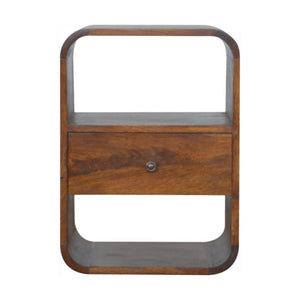 Rounded Mango Wood Bedside Table | Chestnut Finish | Drawer & Open Shelves