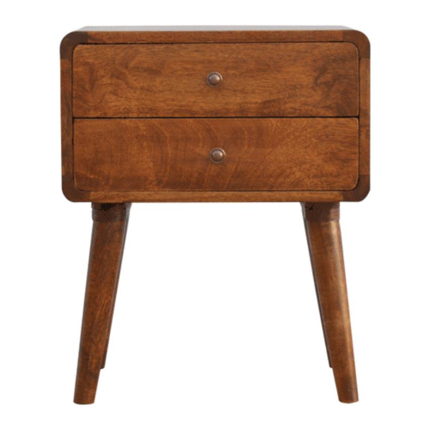 Rounded Two-Drawer Bedside Table | Solid Mango Wood | Chestnut Finish