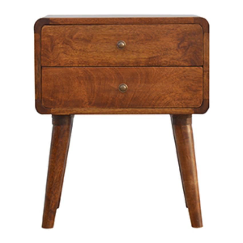 Rounded Two-Drawer Bedside Table | Solid Mango Wood | Chestnut Finish