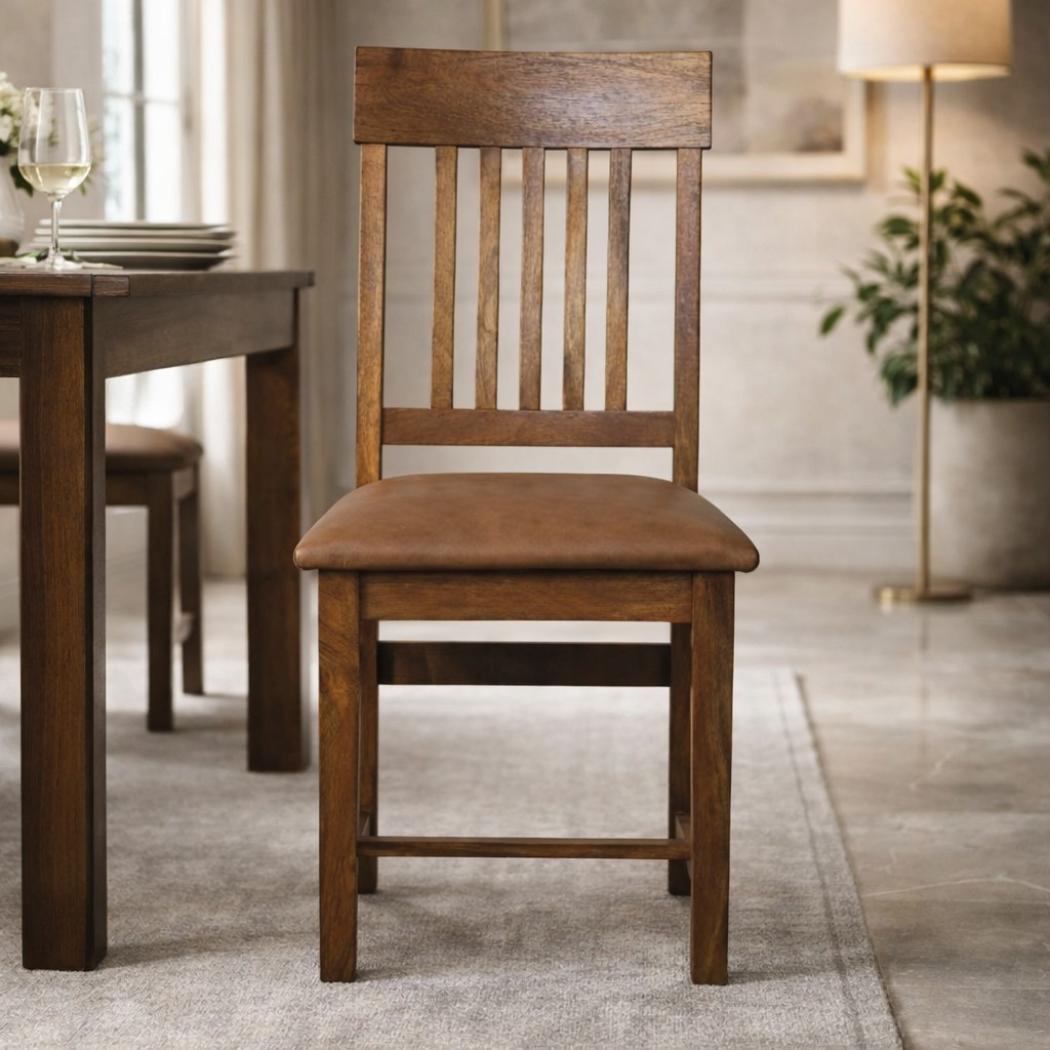 Rowan Slatted Dining Chair | Solid Mango Wood | Leather Seat | Amber Oak Finish