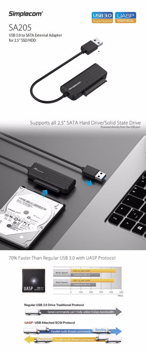 SA205 Compact USB 3.0 to SATA Adapter Cable | Converter for 2.5" SSD/HDD