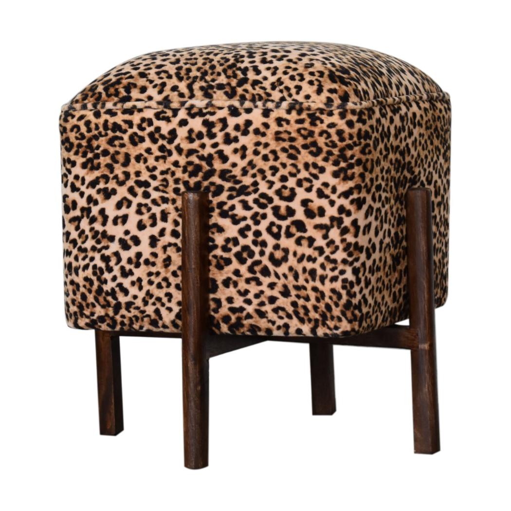 Safari Leopard Footstool | Cotton Velvet | Solid Mango Wood Legs | Walnut Finish