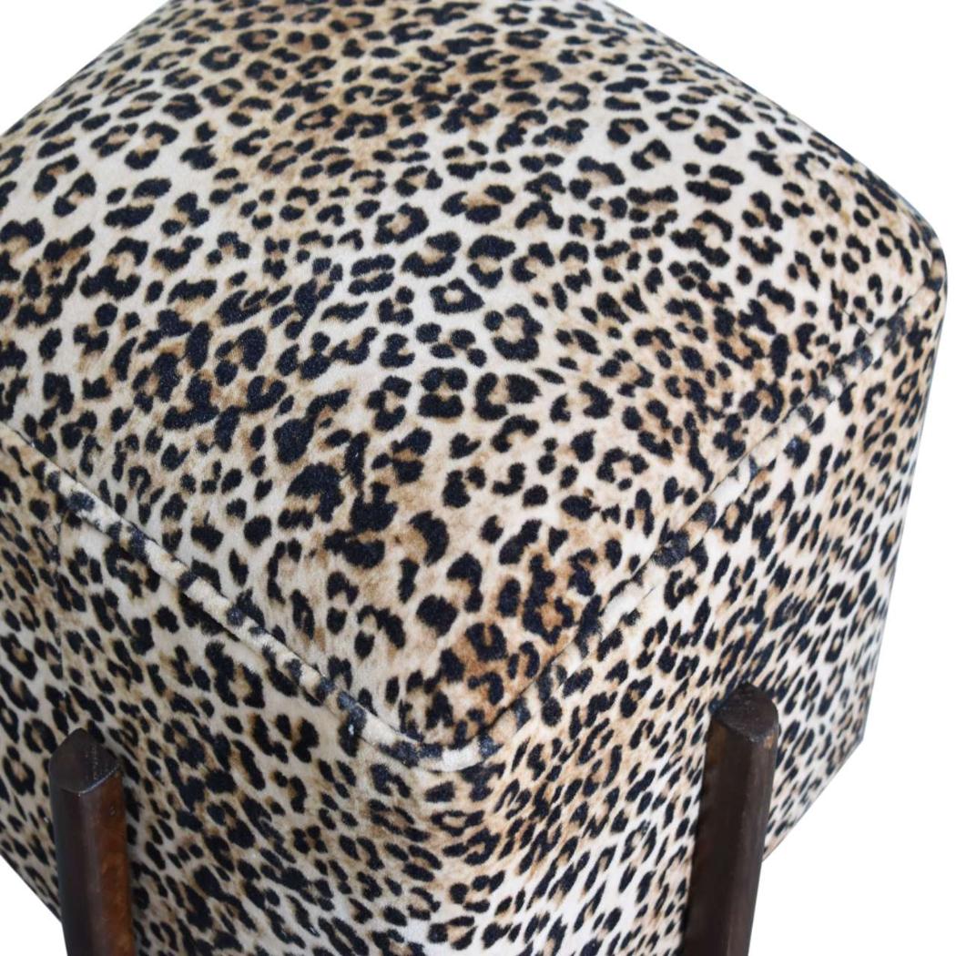 Safari Leopard Footstool | Cotton Velvet | Solid Mango Wood Legs | Walnut Finish
