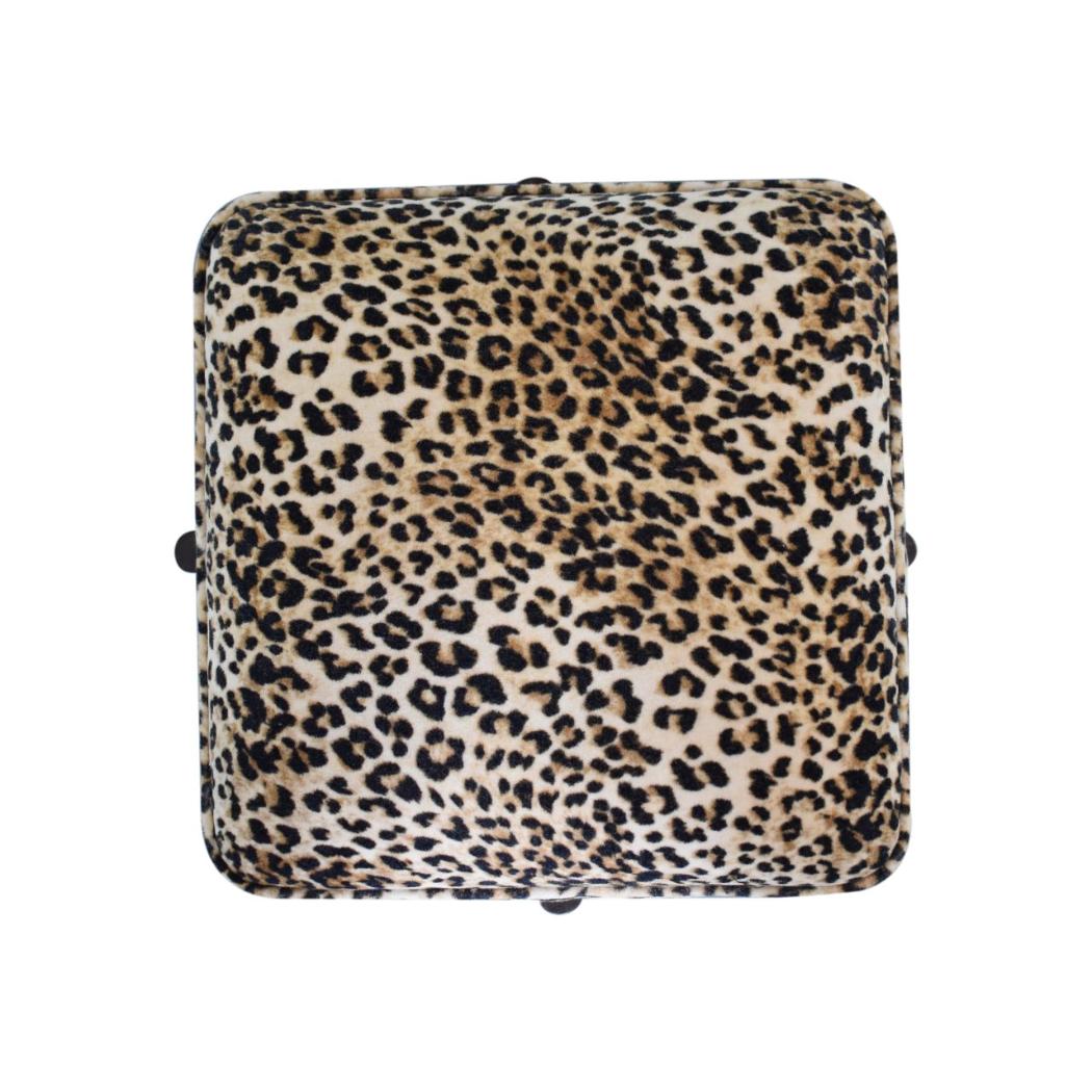 Safari Leopard Footstool | Cotton Velvet | Solid Mango Wood Legs | Walnut Finish
