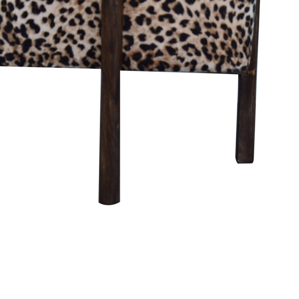 Safari Leopard Footstool | Cotton Velvet | Solid Mango Wood Legs | Walnut Finish