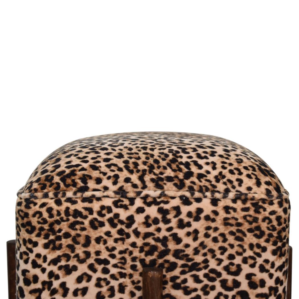 Safari Leopard Footstool | Cotton Velvet | Solid Mango Wood Legs | Walnut Finish
