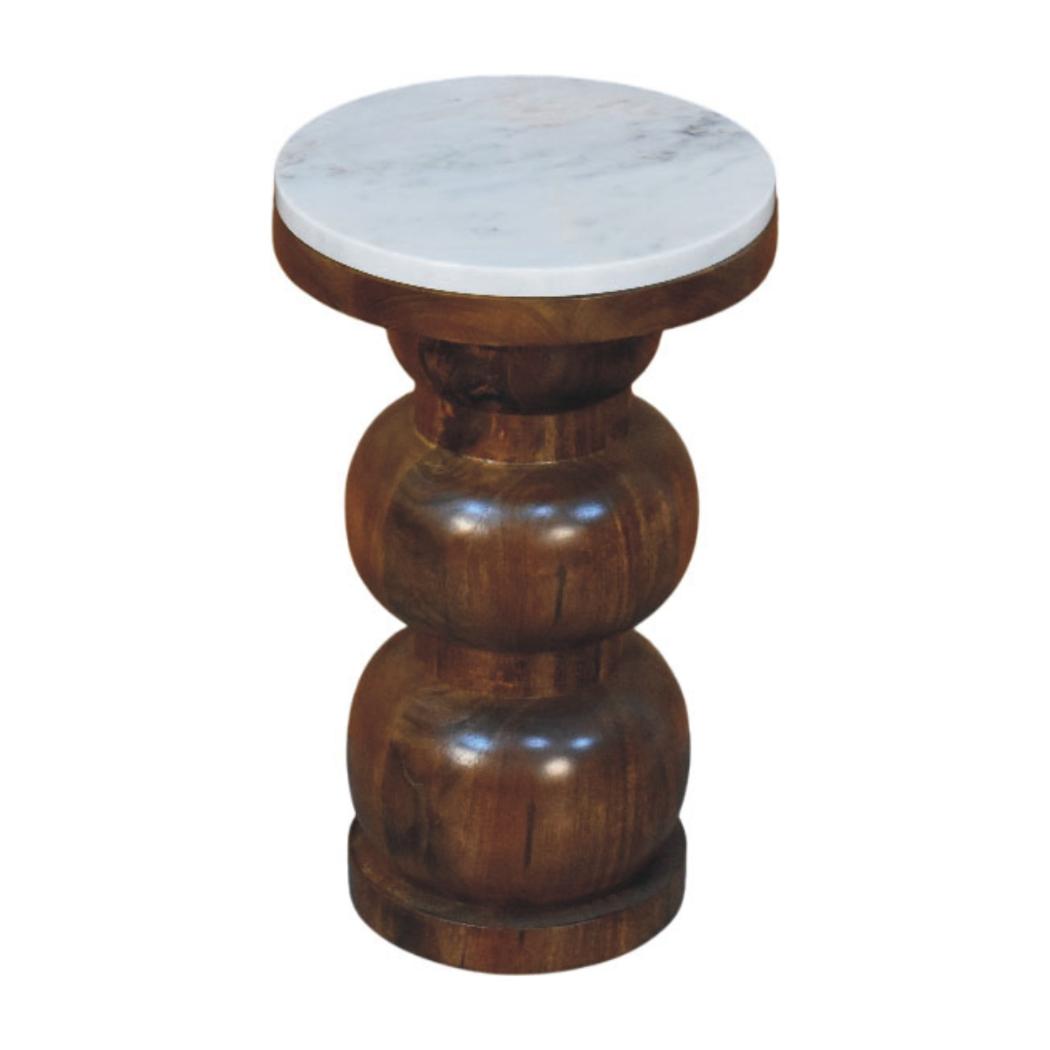 Bulla Marble Top Side Table | Solid Mango Wood | Natural Stone Surface | Sculptural Accent Table