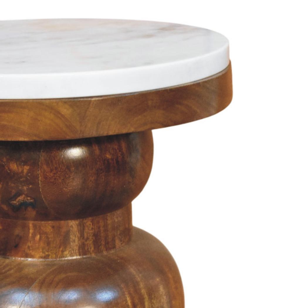 Bulla Marble Top Side Table | Solid Mango Wood | Natural Stone Surface | Sculptural Accent Table